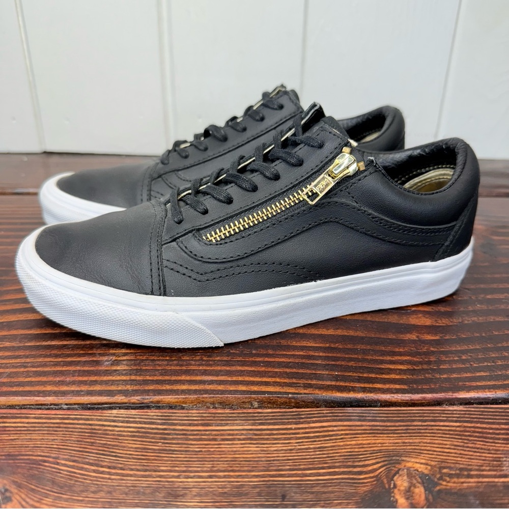 Vans Old Skool Black Leather YKK Zip Low Top Shoes / Sneakers